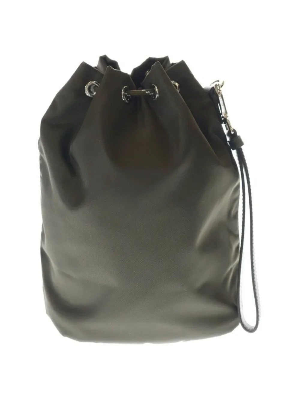 Prada Re-Nylon Speedlock Pouch Drawstring Leather Khaki Silver